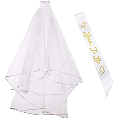 iLoveCos Bride to Be Sash Hen Do Accessories Bridal Wedding Veil with Comb White 2pcs Cover