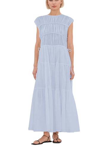 Image of calbatic Women Pleated Ruched Tiered Maxi Dress Sleeveless Patchwork Ruffle Hem A Line Flowy Summer Elegant Long Dress