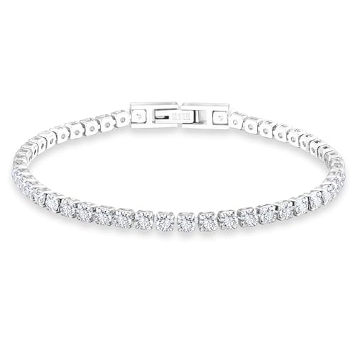KRKC White Gold Classic Cubic Zirconia Tennis Bracelet for Women Men Silver Diamond CZ Bracelets 3mm 4mm Jewellery 6.5-7.5 Inch Gift for Girlfriend Wife Mom Birthday (3mm-White Gold 6.5in)