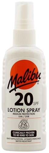 Malibu Sun SPF 20 Sun Lotion Spray with Shea Butter Extract Moisturising Sunscreen Spray for Body Lightweight Hydrating Sun Cream Water Resistant Vitamin Enriched 100ml