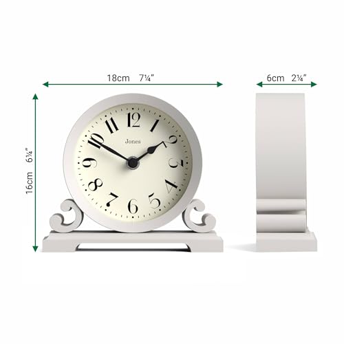 Jones Clocks® Saloon mantel clock | Traditional double scroll design | Grey | Contemporary classic style for desk, table, shelf or bedside