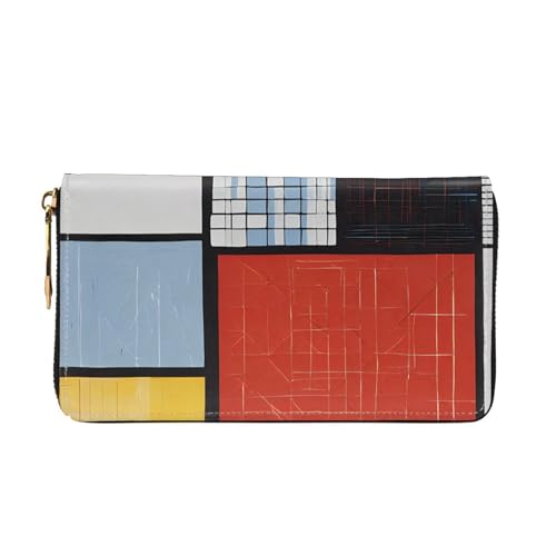 (Composition in Red Yellow Blue and Black) Faux Leather Wallet Long Clutch Zipper Purse Card Holder Travel Coins Cash Organizer Phone Pocket 7.48 x 4.13 x 0.9 inches2