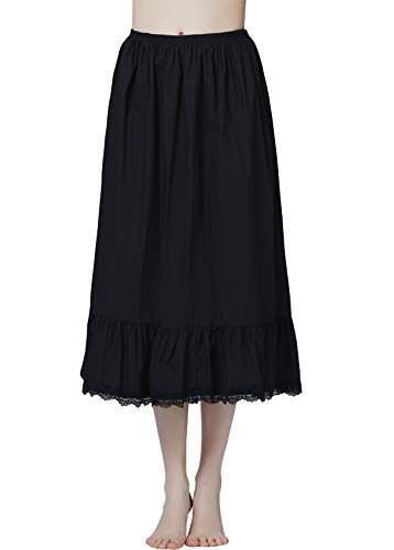 BEAUTELICATE Damen Unterrock 100% Baumwolle Vintage Halbrock Lang Mit Rüsche Spitzenbesatz Röck Half Slip Petticoat (Schwarz, S)