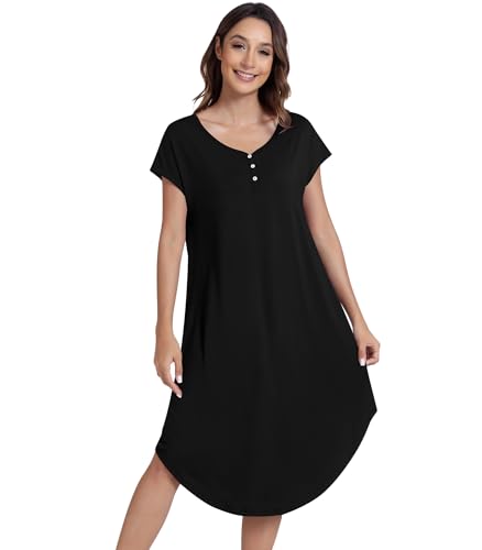 Image of NACHILA Bamboo Viscose Nightgown for Women Short Sleeve Crew Neck Sleepwear