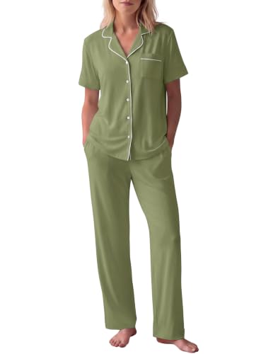 Image of HNG Women Pajamas Set 2 Piece Button Up Pajamas Pant and Short Sleeve Shirt for Woman Pj Sets with Pocket