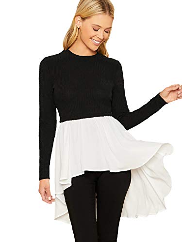 SheIn Women s Round Neck Long Sleeve Knit Chiffon Asymmetrical Ruffle Blouse Top Small Black