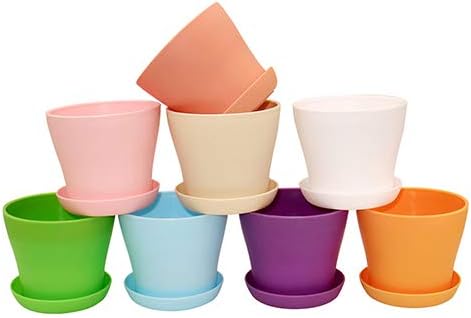 Juego de 16 macetas de plástico coloridas para plantas pequeñas con platillos de drenaje