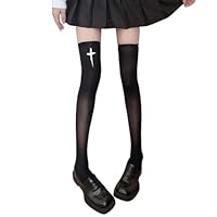 Ruarby Frauen japanische Seide Oberschenkelhohe Strümpfe Anime Mädchen Punk Kreuze Druck über Knie Lange Socken Cosplay Kostüm Strumpfwaren Stilvolle Gothic Socken, Schwarz , Einheitsgröße