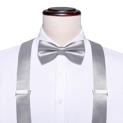 Image of Hi-Tie Men Suspender Bowtie Set Suspenders Pre-tied Bow Tie Pocket Square Cufflinks Adjustable Y Shape 6 Clips Braces Tuxedo