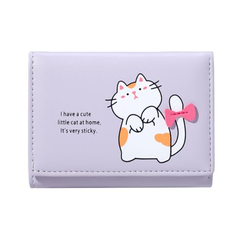 Cute Cat Print Wallet for Girls Small Wallet with ID Credit Card Holder for Women (PURPLE)