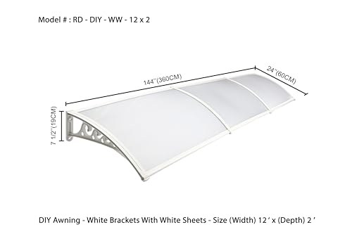Image of CHENNAI Window Blinds and Shades DIY Polycarbonate Awning (Engineered Plastic Brackets) Window Sunshade Door Weather Shed Rain Canopy Awnings - 12'Widthx2'Depth (White Brackets & White Sheets)