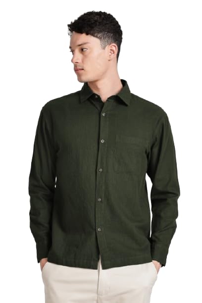 RAOX Regular Fit Cotton Shirt, Dark Olive Green, Classic Collar, Long Sleeves, Button Placket, Chest Pocket