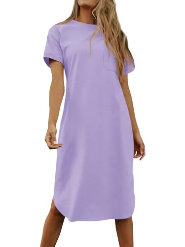 Image of Dyexces Summer Dress for Women Crew Neck Short Sleeve Solid Basic T-Shirts Casual Midi Dresses with Pocket