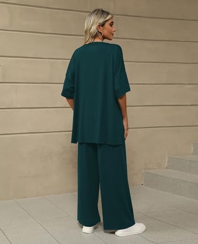 Image of KevaMolly 2 Piece Lounge Set for Women Postpartum Oversized Tops and Wide Leg Pants Soft Comfy Pajamas Set 2 Piece Outfits