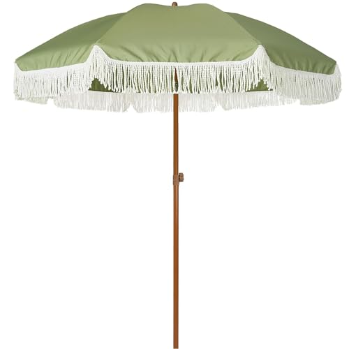 Sombrilla Flecos,Sombrilla Playa Flecos Sombrilla De Patio 2,13 M Con Flecos Y Borlas For Exteriores, Mástil Varillas Acero Premium UPF50+(Green1)