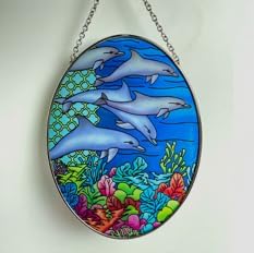 Handmade Stained Glass Suncatcher Art Glass Panel Window Wall Decor, Happy Dolphin Family