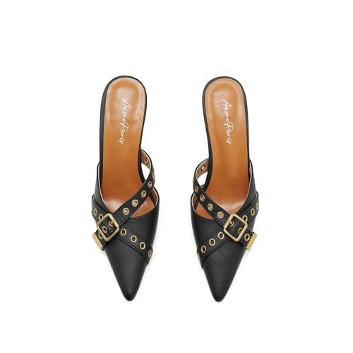 Women’s Black Leather Buckle Strap Mules Pointed Toe Studded Stiletto High Heel Slides Vintage Dressy Pumps3