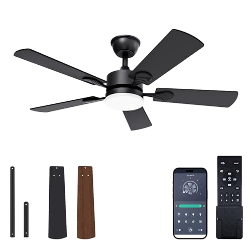 Image of VOLISUN Ceiling Fan with Light, 42 inch Flush Mount Ceiling Fan with Lights and Remote, Dimmable LED Fan Light, Low Profile Ceiling Fan, Black Modern Ceiling Fan for Bedroom, Indoor/Outdoor