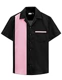 JOGAL Men's Bowling Shirts 50s Rockabilly Short Sleeve Button Down Shirt Beach Aloha Style Hawaiian Shirts Black Pink X-Large
