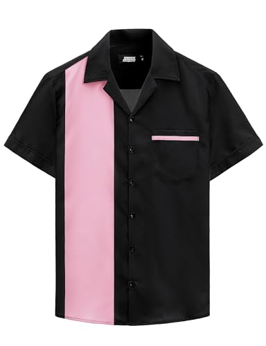 JOGAL Men's Bowling Shirts 50s Rockabilly Short Sleeve Button Down Shirt Beach Aloha Style Hawaiian Shirts Black Pink X-Large