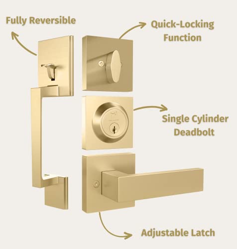 Mega Handles Tobelle Square Satin Brass Door Lock, Keyless Interior Door Handle Set For Hallway, Closet, Bathroom, Door Knobs Interior, Lock, Door Handle - Heavy Duty Design #TOP1