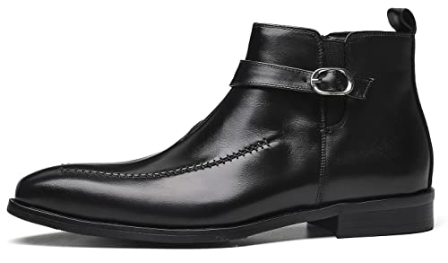Santimon Men's Chelsea Ankle Dress Leather Buckle Strap Monk Boots Black Brown3