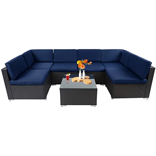 Patiomore 7 Pieces Outdoor Patio Furniture Set, Black Brown Wicker Patio Sectional Sofa Set, Outdoor Couch With Dark Blue Cushion And Tempered Glass Table #TOP19