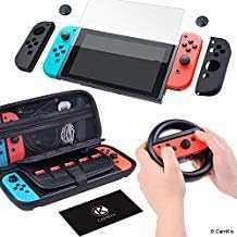 CamKix Grip and Protection Kit Compatible with Nintendo Switch: Nylon Case, Tempered Glass Screen Protector, Steering Wheel Cover, Joy Con Covers, Thumb Grip Covers, Cleaning Cloth