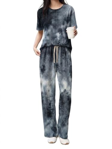 Image of SMOWKLY Korean Night Dress |Summer wear | Lounge Wear |Everyday Pyjama Set |Tie-dye Relaxed Fit Stylish Pajama Sets | Short Sleeve Top & Long Pant Sleepwear Pjs Lounge Set Co-ords Outfit with Pockets