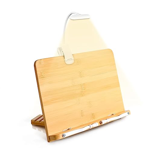 Book Stand for Reading ZZWS Portable Book Holder with Light Adjustable Cookbook Stand for Recipe Laptop Stand for Tablet Bamboo Book Holder Stand for Online Course Reading Writing Typing Mother Gift