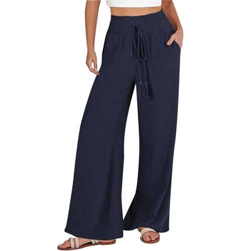Shorts Mujer Elegante Pantalón clásico de otoño de talla grande con pernera ancha para mujer, pantalón de lino con estilo, transpirable, de viaje, cintura alta, liso, holgado Mallas Y (Dark Blue, XXL)