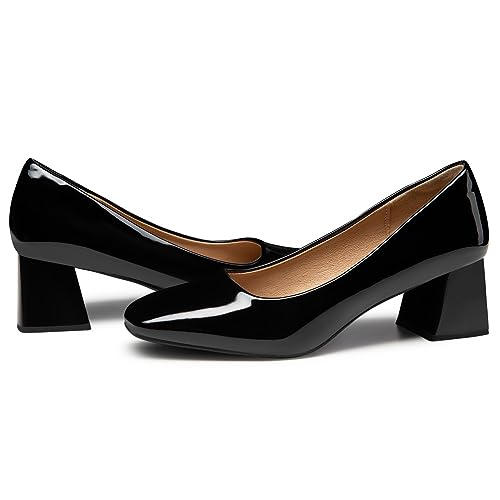 Heel The World Women's Pumps,Low Chunky Block Heels,Square Toe Patent Women Dress Shoes for Party Office4