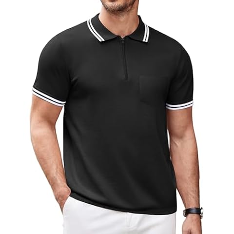 Vssjavun Mens Zip Polo Shirts Slim Fit Short Sleeve Casual Knit Golf Polo T-Shirt Black S Cover