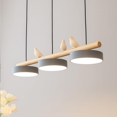 3-Light Modern LED Linear Pendant Light, Nordic Wood Bird Decor,Long Strip Chandelier for Dining Room Table, Kitchen Island,Adjustable Height,Perfect for Farmhouse Hallway (Grey,M)