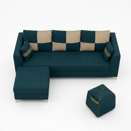 Image of FURNY Signature Cresta 5-Seater L-Shape Sofa Set with Movable Ottoman & Suri Pouf | Flexible LHS /RHS Layout | Boston Fabric | 40D Foam + Zigzag Spring | 3-Yr Warranty (Ocean Teal-Beige)