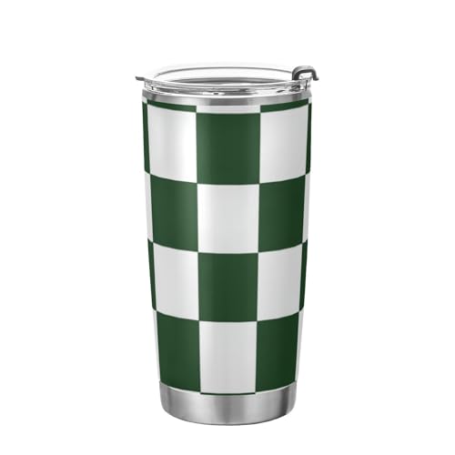 Botella de agua aislada al vacío de acero inoxidable con patrón a cuadros verde y blanco con tapa y pajilla, taza de café aislada para agua, té helado o café, botellas de vaso simplemente aisladas