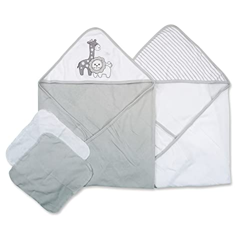 Image of Spasilk Bath Hooded Towels & Washcloths Set for Babies, 2 Hooded Terry Bath Towels & 2 Washcloths, Grey Lion