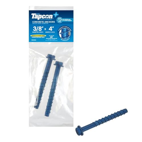 Tapcon+ 3/8 x 4 Inch Heavy-Duty Hex Head Concrete Anchors, 2 PCS, Corrosion Resistant Blue Climaseal™ Coating, Outdoor Rated Use, Concrete Block &amp; Masonry Brick Screws, Drill Bit Sold Separately