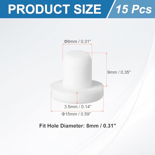Image of uxcell 15Pcs Silicone Hole Plug, Waterproof Solid T-Shaped Rubber Stoppers Bottle Seal Tube Pipe Plug End Cap for 8mm /0.31 inch Hole for Bathtub Bottle, 0.35 inch Plug Height, White