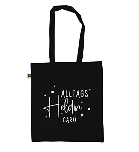 Manilu Einkaufstasche | Stofftasche | Jutebeutel | personalisiert mit Name | Bio-Baumwolle | Alltagsheldin | Frauen (Alltagsheldin / Schwarze Tasche) Cover