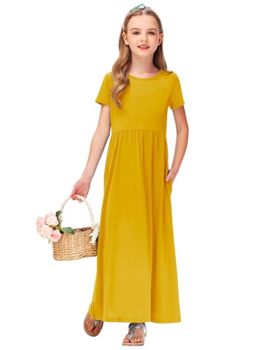 Image of Deerose Girls Maxi Dress Short Sleeve Casual Long Dresses with Pockets 5-14 Years