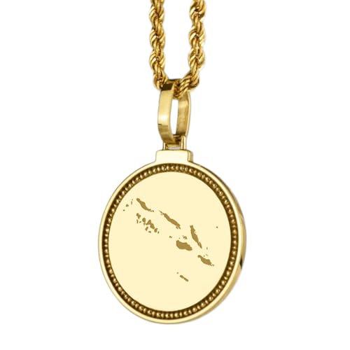 WORLD WIDE GEMS Pendentif rond en argent sterling 925, gravé d'une carte des Îles Salomon, 25 mm, plaqué or, pour un cadeau unisexe | WW_EGMP_0033