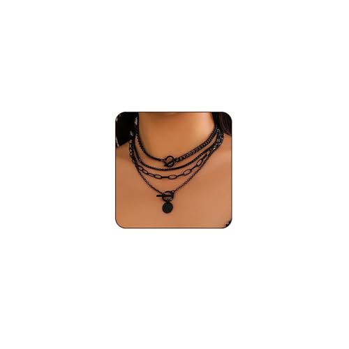 Otxas Collares negros en capas para mujer, collares negros para mujer, conjunto de cadena cubana con clip de papel, collar retro de moneda/estrella, conjuntos de joyas negras para mujer, Zinc, No es