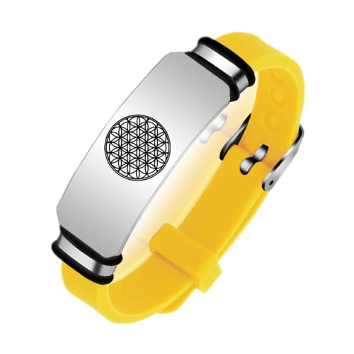 Pulsera budista de silicona con diseño de flor de la vida, diseño de geometría sagrada, regalo para meditación y curación, ajustable, color amarillo, Acero inoxidable Silicona