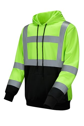 Men's ANSI Class 3 High Visibility Reflective Safety Hi Vis Hoodie Pullover with Black Bottom for Work