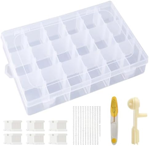 INFNZOLI Embroidery Floss Organizer Cross Stitch Thread Storage Box Tools with 120 Pieces Floss Bobbins, Bobbin Winder, Scissor and Colour Stickers,Removable 18 Compartments Big Size Case