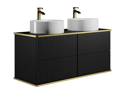 Vente-unique - Meuble de Salle de Bain Suspendu strié liseré doré avec Double Vasque à Poser Ronde - Noir - 120 cm - KELIZA