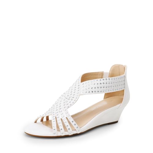 DREAM PAIRS Women's Open Toe Low Wedges Sandals, Rhinestone Strappy Zipper Dress Shoes, Summer Wedding Party Travel Shoes 10 White