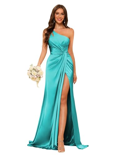 Image of vintys Women's One Shoulder Ruched Bridesmaid Dresses Long with Slit Satin Formal Prom Dress VS117