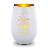 GRAVURZEILE Deko Windlicht aus Glas mit Gravur - Pfotenherz - Personalisiert mit Namen & Datum - Haustier Trauerlicht - Grabschmuck zur Beerdigung oder als Andenken - Weiß/Gold